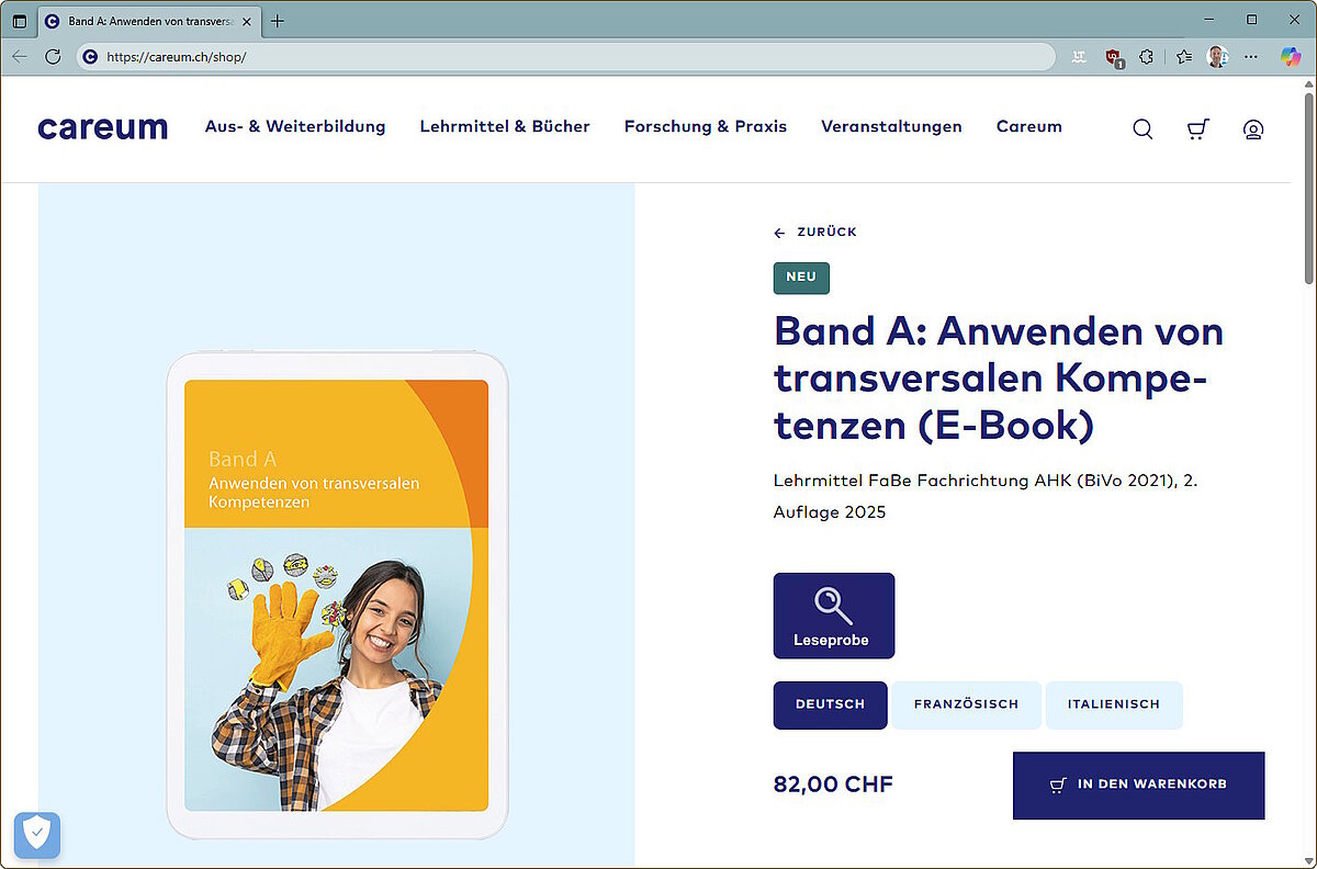 Screenshot eines Online-Shops für E-Books mit einem Knopf, der zur Leseprobe bei Edubase führt.