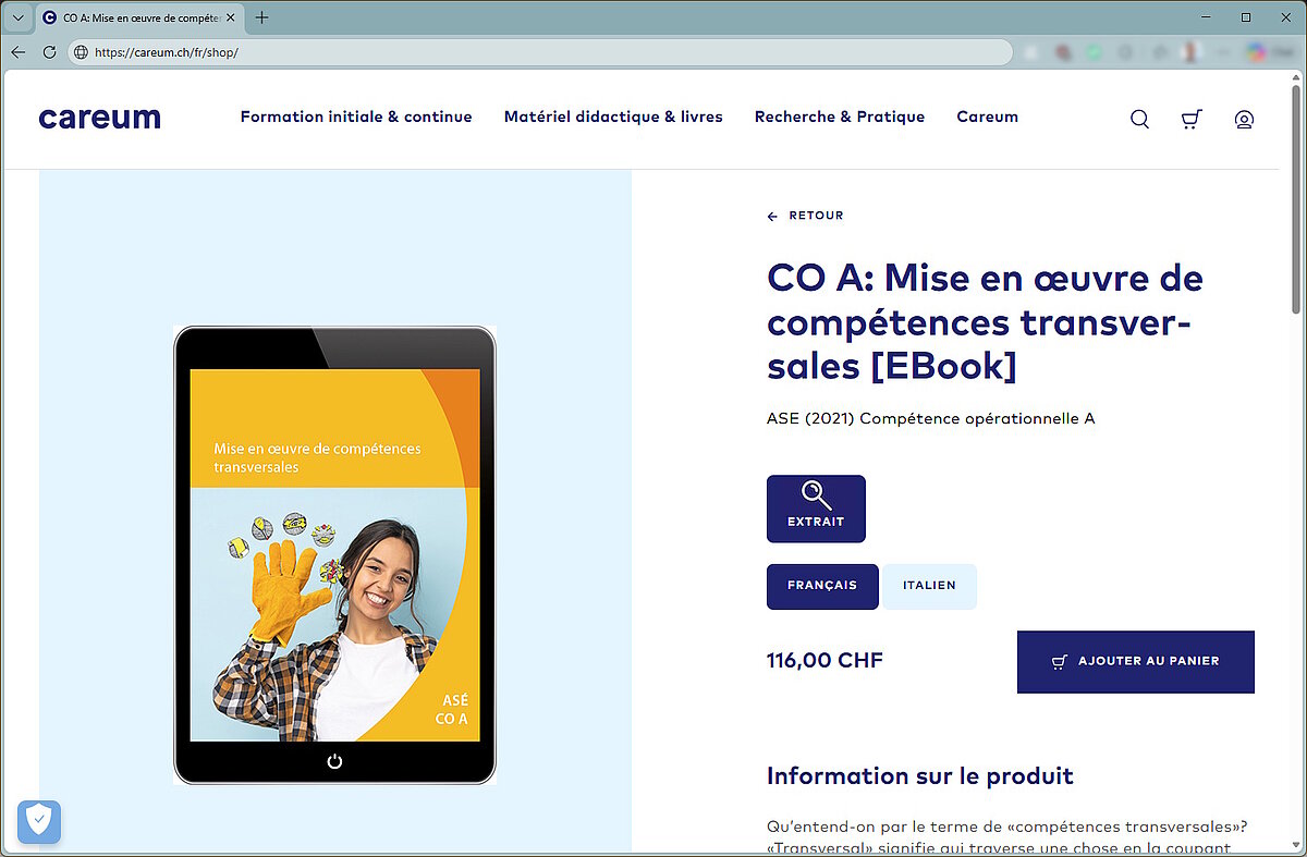 Capture d'écran d'une boutique en ligne d'e-books comportant un bouton qui redirige vers un extrait de lecture sur Edubase.